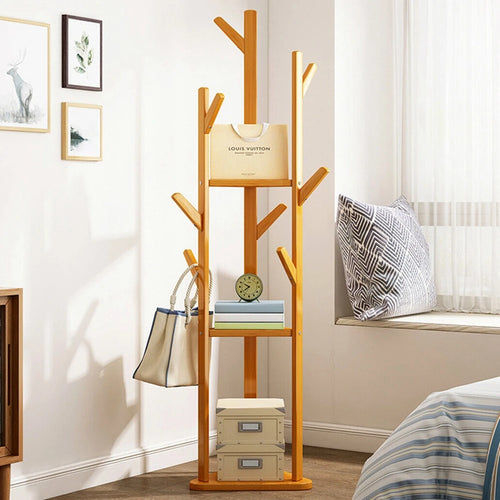 Bamboo Corner Tree Coat Rack Stand with Hooks And Shelves Clothes Hanger for Entryway Bedroom Organization